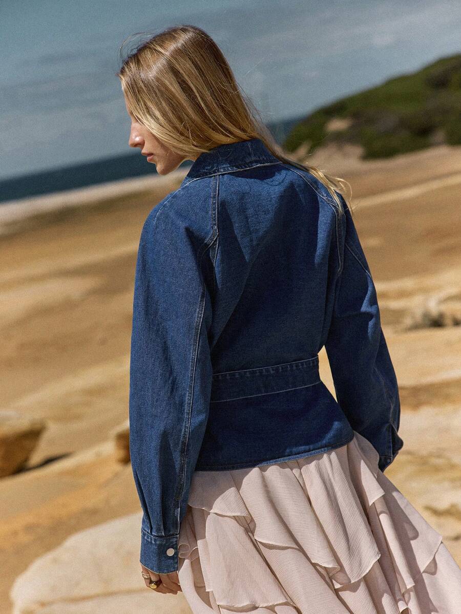 MOTF STUDIO WOMEN'S CASUAL SHAWL COLLAR RAGLAN SLEEVE BELTED DENIM JACKET