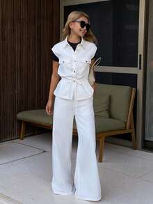 DAZY Women's Denim Collared Sleeveless Cropped Top And Wide Leg Pants Casual Denim Suit - White - View 6