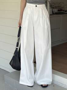 DAZY 女士常规款中腰褶裥宽松直筒休闲裤 - 白色 - 查看 3