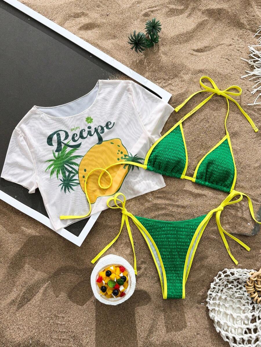 Swim Vcay 2026 New Spring/Summer 3 PiecesWomen Green Triangle Bikini Set, Mesh Printed Top, Elegant & Sexy Swimwear For Beach Vacation - Green - View 1