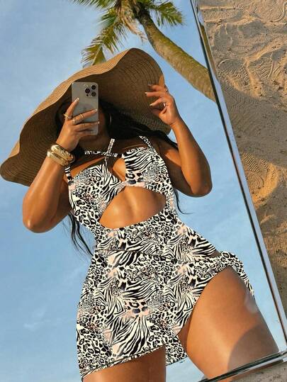 Swim SXY Traje de baño de una pieza con estampado de leopardo de cobertura completa y patrón aleatorio sexy para mujer de talla grande