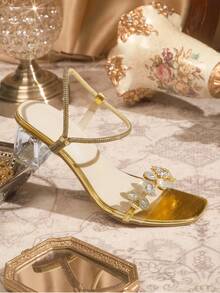 CUCCOO TILAWA Women's Rhinestone Embellished Square Toe Chunky Heel Sandals - Gold - View 3