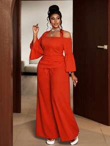 Maweii Damen Große Größen 2-teiliges Set, Langarm-Top und Lässig Hose, geeignet für Outdoor und Pendeln, Frühling/Sommer - Orange - Übersicht 5