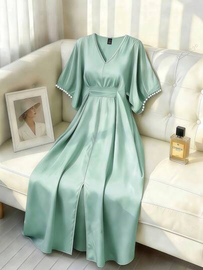 Franclia This Women's Mint Green V-Neck Long Dress With Lantern Sleeves, Pearl Embellishments, And A Front Slit Is Suitable For Winter, Summer, Spring, Valentine's Day, Romantic Dates, Beaches, Weddings, Birthdays, Outings, Elegant Casual Wear, Vacations, Graduation Season, And Other Occasions. It's Also Suitable For Summer, Holiday, Valentine's Day, Carnival, And Other Carnival-Themed Occasions. Other Related Items Include Elegant Party Dresses, Long Party Dresses, Wedding Guest Dresses, And Pearl-Embellished Dresses.Turkish Abaya, Arab Long Robe Fall Cloth For Women.Fashionable Casual Commuter Wear, Business Office Wear, Versatile And Stylish Everyday Casual Wear, Urban Teacher's Professional Attire