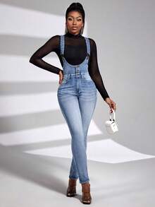 SHEIN SXY Quần yếm denim nữ có túi và cúc, thời trang, đa năng, thích hợp cho hẹn hò và đi chơi. - Rửa nhẹ - Xem 4