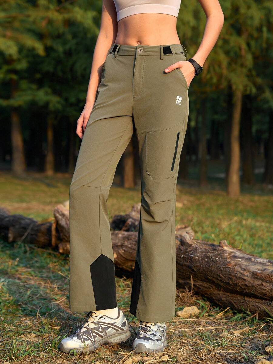 SHEIN In My Nature Women's Letter Print Pleated Straight Leg Casual Hiking Pants - Army Green - View 1