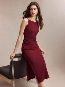 SHEIN BIZwear 2026 Spring/Summer New Wine Red Thin Strap Design Waist Ruched Metal Decor Dress, Versatile For Layering, Y2K, Office, Business, Social Occasions - Burgundy - View 6