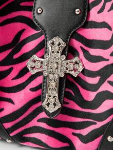 ROMWE Grunge Punk Túi đeo vai nữ, túi Hobo, họa tiết da báo, họa tiết động vật, phối da giả màu đen, thời trang, cá tính, phong cách Punk, Gothic, trang trí khóa hình thánh giá Gothic, đơn giản, đa năng, đường phố, dành cho các cô gái ngọt ngào và cá tính, các cô nàng sành điệu, phong cách Y2K, cổ điển, đinh tán, vintage. - Màu Hoa hồng đỏ - Xem 5