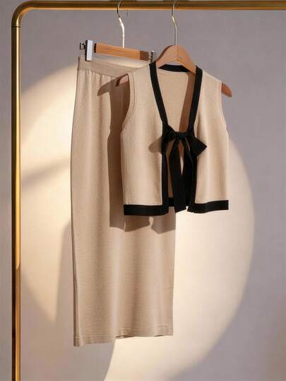 Franclia Women's Contrast Color Knitted 2 Pieces Set Vest & Maxi Skirt Suit, Vacation Outfit For Spring/Summer