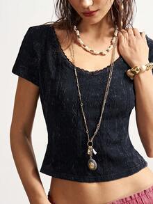 Bohemela 休闲纯色针织短袖露背修身短款女式T恤 - 黑色 - 查看 2