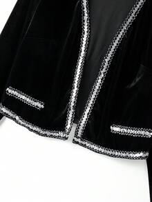 GlowEve CURVE Plus Size Women Velvet Fabric Beaded Trim Fashionable Casual Everyday Zip-Up Long Sleeve Jacket - Black - View 6