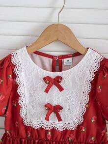 Young Girl' Cute Red Floral Print Dress, Lace Patchwork, Bow Decor, Comfortable Fabric, Suitable For Outings - Red - View 4