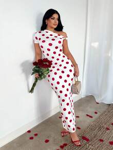 SHEIN SXY 女士波点优雅收腰不对称露肩长连衣裙，适合约会和派对穿着 - 彩色 - 查看 5