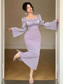 DAZY 女士优雅纯色方领荷叶边喇叭袖连衣裙，春夏婚礼宾客礼服长款连衣裙 - 紫色 - 查看 10