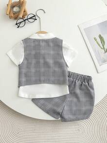 3 piezas Conjunto formal de caballero para niños pequeños: Polo de punto blanco con moño, chaleco de bolsillo decorativo a cuadros y pantalones cortos de cintura elástica, elegante y de moda, adecuado para fiesta de cumpleaños, bautizo, celebración del 1er cumpleaños, ocasiones formales, cena, actuación, boda, atuendo de paje, verano - Multicolor - Ver 2