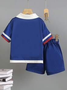 SHEIN Explorewe 2pcs/Set Young Boys Casual College Style Big Letter Print Polo Shirt With Pockets And Shorts Set, Red White Blue Summer School Back-To-School Outfit - Navy - View 2