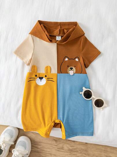 SHEIN Barboteuse à manches courtes pour bébé garçon/fille nouveau-né unisexe, imprimé animal mignon, couleurs contrastées, patchwork. Vêtements de bébé pour le printemps/été, tenues