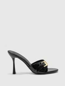 CUCCOO BIZCHIC 黑色高光泽金色搭扣高跟穆勒鞋，时尚尖头细高跟鞋，适合女性，商务、优雅晚宴及派对穿着。 - 黑色 - 查看 2