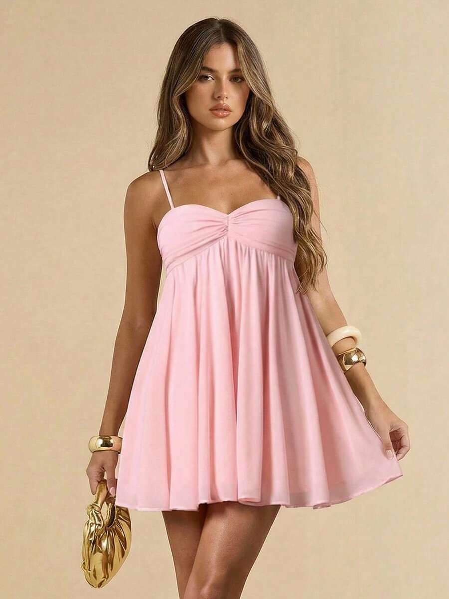 SHEIN BAE Váy suông ngắn không tay màu hồng trơn thanh lịch ngọt ngào dễ thương, váy ngắn, thích hợp cho những buổi hẹn hò lãng mạn, tiệc tùng, tụ họp trang trọng, váy phù dâu, váy mùa hè của phụ nữ, váy tiệc trà, năm mới, ngày lễ tình nhân, váy ngắn sinh nhật, váy hồng, váy thường ngày, váy mùa hè - Màu Hồng baby - Xem 1