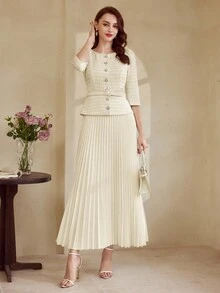 Vintamour Đầm nữ cổ điển thanh lịch, đầm dệt jacquard ôm dáng xếp ly mùa xuân/hè, đầm tay lửng 3/4, đầm dài màu trắng. - Màu be - Xem 7