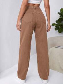 SHEIN EZwear Jeans holgados de tiro alto con bolsillos en diagonal - Marrón - Ver 2