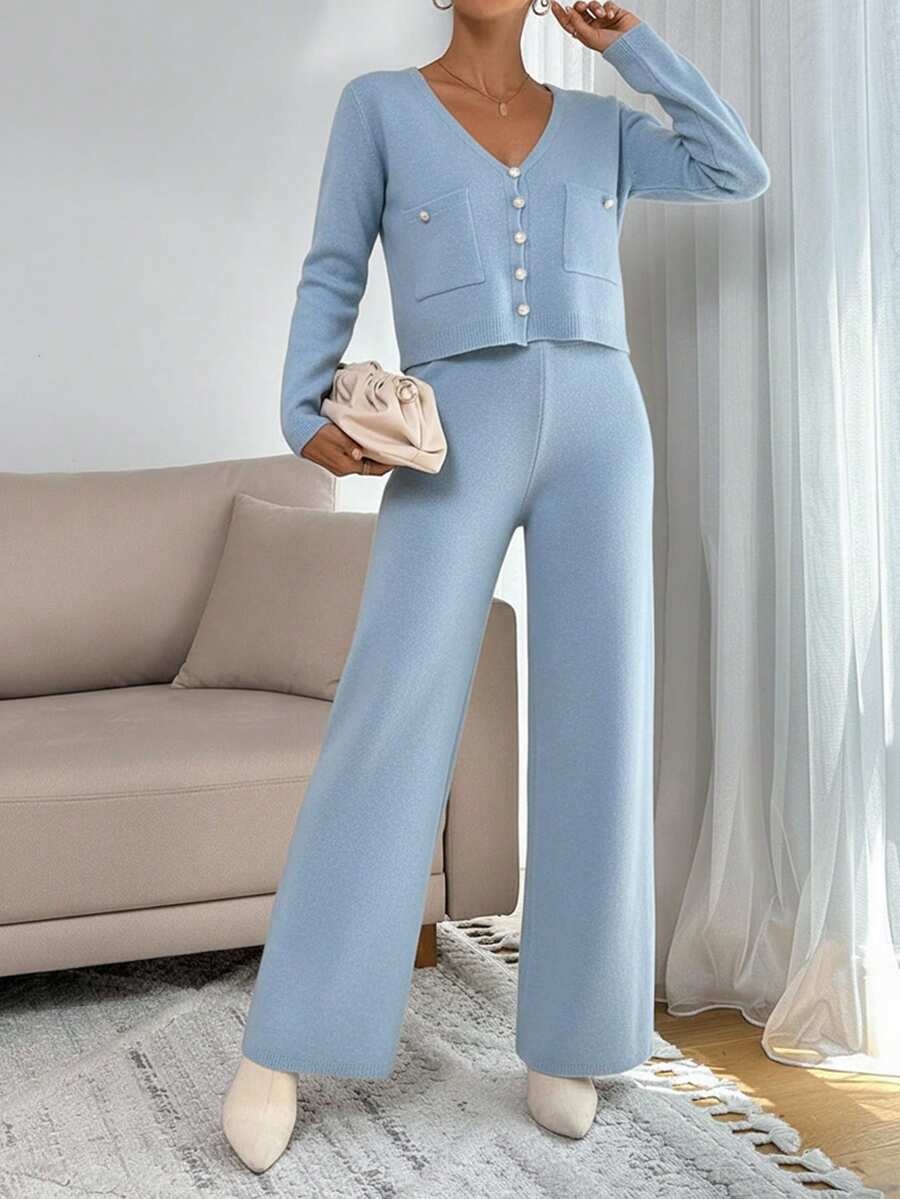 EURMUSE 2件套女士花卉纽扣开衫针织套装 - 淺藍色 - 查看 1