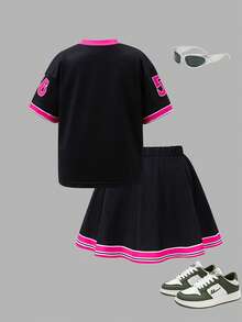 SHEIN 2pcs Young Girls Basketball Jersey Outfit, Numeric Print T-Shirt And Skirt Set, Casual Daily Fashion Versatile Streetwear - Multicolor - View 7