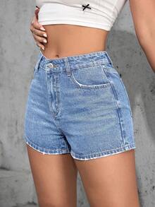 SHEIN PETITE 女士休闲日常通勤百搭牛仔短裤，夏季 - 淺色水洗藍 - 查看 5