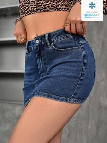 SHEIN PETITE Slim Fit Casual Denim Skirt With Belt Loops - Dark Wash - View 6