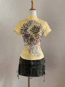 Attitoon Áo thun nữ dáng ôm, cổ cao, vai thẳng, tay ngắn, phong cách retro punk Y2K đa năng, thích hợp cho tiệc tùng hoặc sân bay. Họa tiết in loang màu sắc sặc sỡ, thoải mái cho mùa xuân/hè. - Nhiều màu - Xem 5