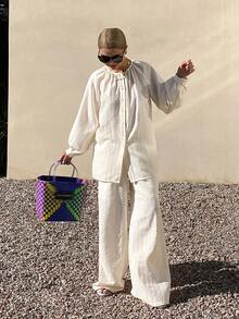 Livesso Women's Pleated Round Neck Loose Top And Casual Wide Leg Pants 2 Pieces Set, Summer Holiday Outfit - Apricot - View 3