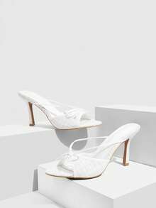 CUCCOO SZL 女士网纱拼接蝴蝶结绑带圆头细高跟凉鞋，优雅浪漫，适合下午茶、约会、优雅装扮、度假等场合。 - 米色 - 查看 2