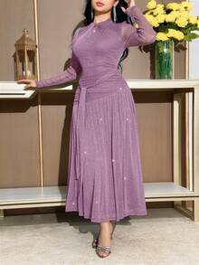 Modelyn Đầm dài tay voan mỏng xuyên thấu, cổ thắt nút, cổ bẻ ánh kim sang trọng dành cho nữ, thích hợp cho các bữa tiệc và tiệc chiêu đãi. - Bụi tím - Xem 3