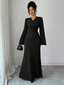 SHEIN Elenzya Women's Elegant Long Red Dress, New Year Dress, New Year Outfit, Thanksgiving Outfit, Elegant Party Dress, Long Party Dress, Wedding Guest Dress, Fashion Wedding Evening Gown - Black - View 4