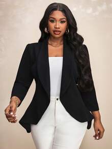 Truni Plus Size Shawl Collar Asymmetrical Hem Blazer In Fall/Winter, For Pear & Triangle Body Shape - Black - View 5