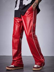 Manfinity RebelGame Men's Line Splicing Simple Casual PU Leather Loose Straight Leg Pants - Black - View 1