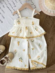 SHEIN 女婴休闲度假时尚修身舒适棉质梭织吊带背心拼接荷叶边下摆上衣和阔腿裤套装 - 彩色 - 查看 3