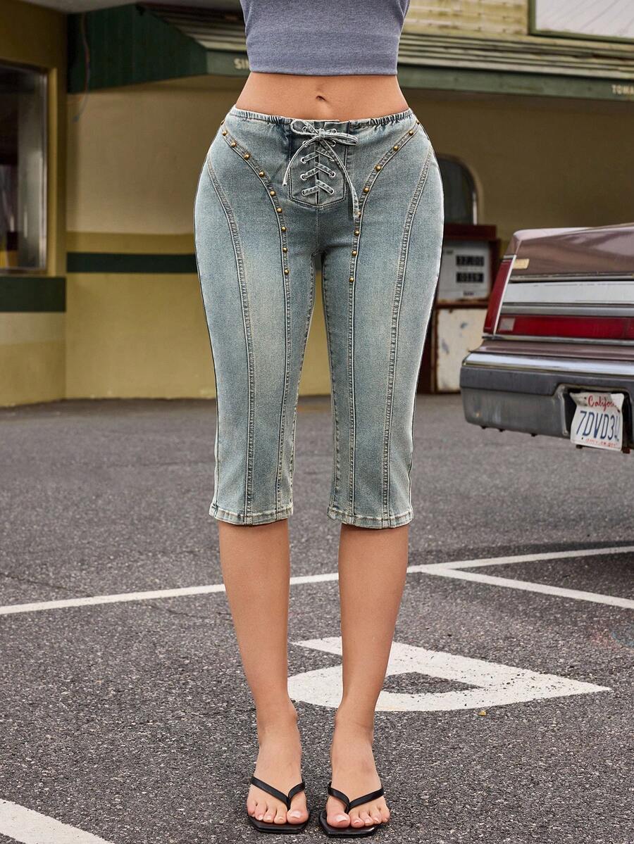 SHEIN Unity Quần jean denim nữ thời trang Y2K dáng ôm, cạp thấp, retro, gợi cảm, dài đến đầu gối (7/8) - Rửa trung bình - Xem 1