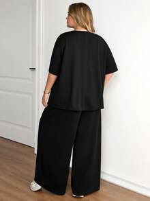 SHEIN CURVE+ 加大码黑色纹理针织上衣+宽松阔腿裤两件套，女士舒适休闲两件套 - 黑色 - 查看 2