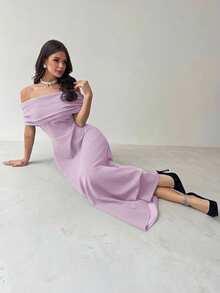 Firerie 女士优雅简约时尚浪漫性感连衣裙，露肩高腰A字伞裙，适合度假、通勤、约会，灰色连衣裙 - 紫丁香色 - 查看 5