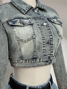 Elamini Áo khoác denim nữ dáng ngắn, thời trang thường ngày, kiểu dáng đường phố, có túi nắp gập cài khuy. - Màu xanh bụi bặm - Xem 7