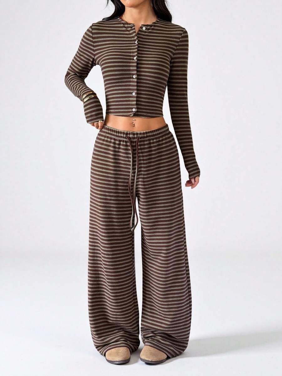SHEIN PETITE 2025新款春夏女装时尚性感棕色条纹长袖上衣和裤子休闲两件套/春夏女装/夏季女装/万圣节服装/圣诞节女装/派对/招待会/新年服装/返校服装/家居/Y2K/秋季条纹两件套
