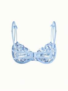 Bonmuse 2pcs Women Cool Light Blue Flower Embroidered Mesh Sheer Lace-Up Lingerie Set, Intimate Apparel For Valentine's Day, Kawaii Ultrathin Bra