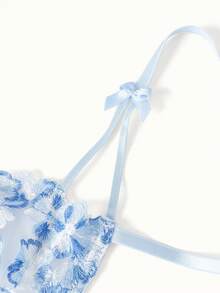Bonmuse 2pcs Women Cool Light Blue Flower Embroidered Mesh Sheer Lace-Up Lingerie Set, Intimate Apparel For Valentine's Day, Kawaii Ultrathin Bra