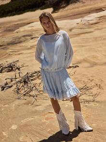 MOTF STUDIO WOMEN'S CHIFFON PATCHWORK PLEATED DRAWSTRING LOW WAIST SHORT DRESS