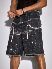 ROMWE MEN 男士带口袋做旧腰带水钻装饰牛仔短裤 - 灰色 - 查看 6