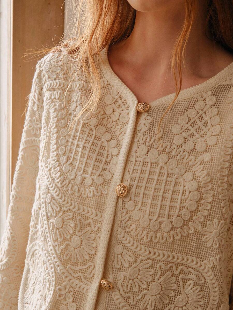 MOTF PREMIUM WOMEN'S HOLLOW OUT BOHEMIAN VACATION CASHEW FLOWER PATTERN COAT - Apricot - View 1