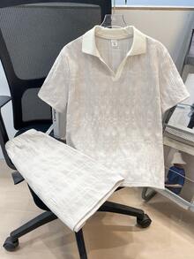 SHEIN 两件套男童纹理面料 Polo 衫（带领拉链）和纹理面料短裤套装，舒适休闲度假风，适合户外玩耍、街头摄影、派对、城市漫步等场合。 - 杏色 - 查看 4