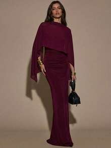 SHEIN BAE Women's Burgundy Summer Elegant Dining Dress,Off-The-Shoulder Halter Pleated Fitted Cape Cover-Up Tight Maxi Bodycon Evening Wear For Wedding Holiday - Burgundy - View 3