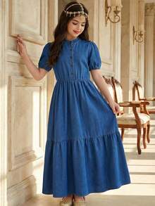 SHEIN Teen Girls Fashion Casual Y2k Vintage Cool Street Comfortable Blue Denim Small Stand-Up Collar Bubble Short-Sleeved Design Denim Dress For Teen Girl Clothes Teen Girls Dailywear And Teen Girl Spring And Summer Rave Outfits Festival And Outfits Streetwear Clothes - Blue - View 1